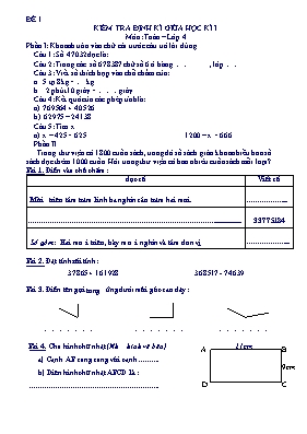 Bộ đề ôn tập kiểm tra định kì giữa học kì I Toán lớp 4
